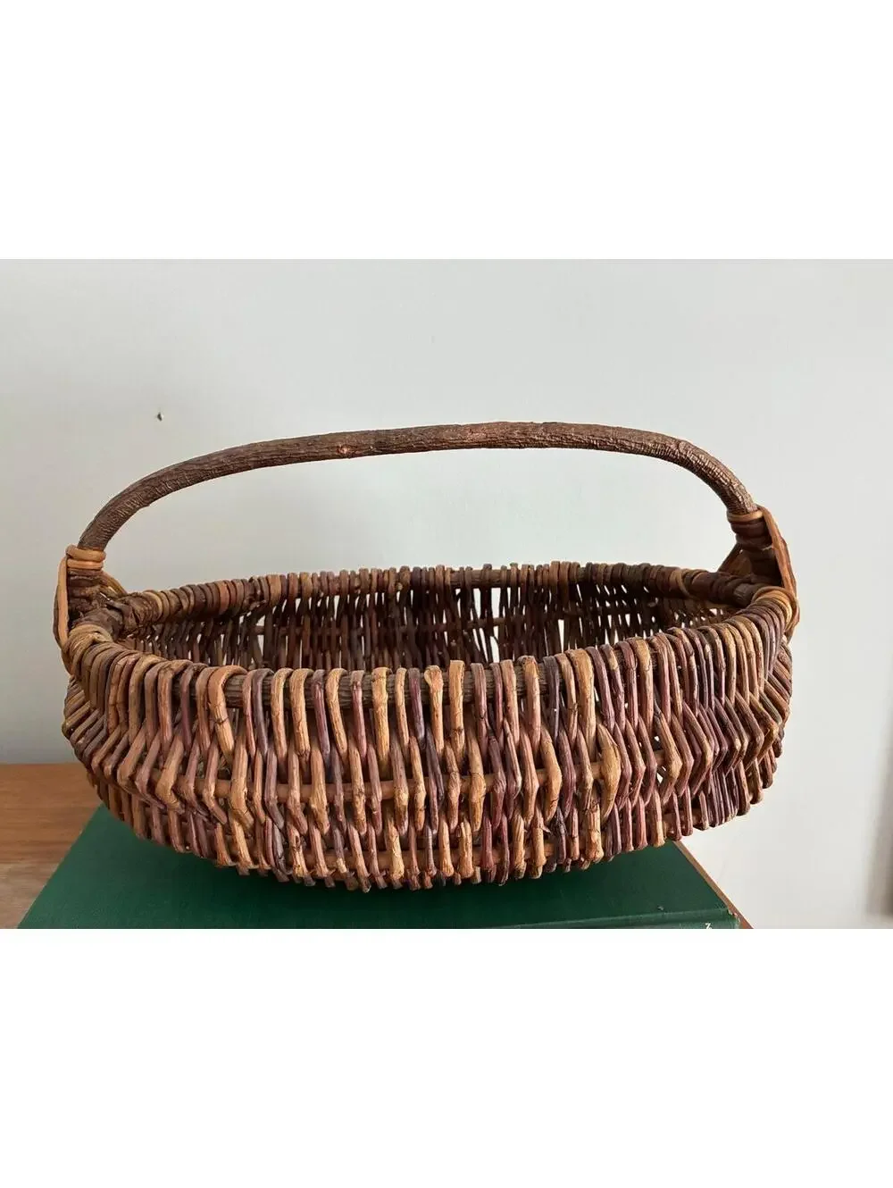 Vintage Handwoven Buttocks Basket – Primitive Rib Willow Gathering Basket
